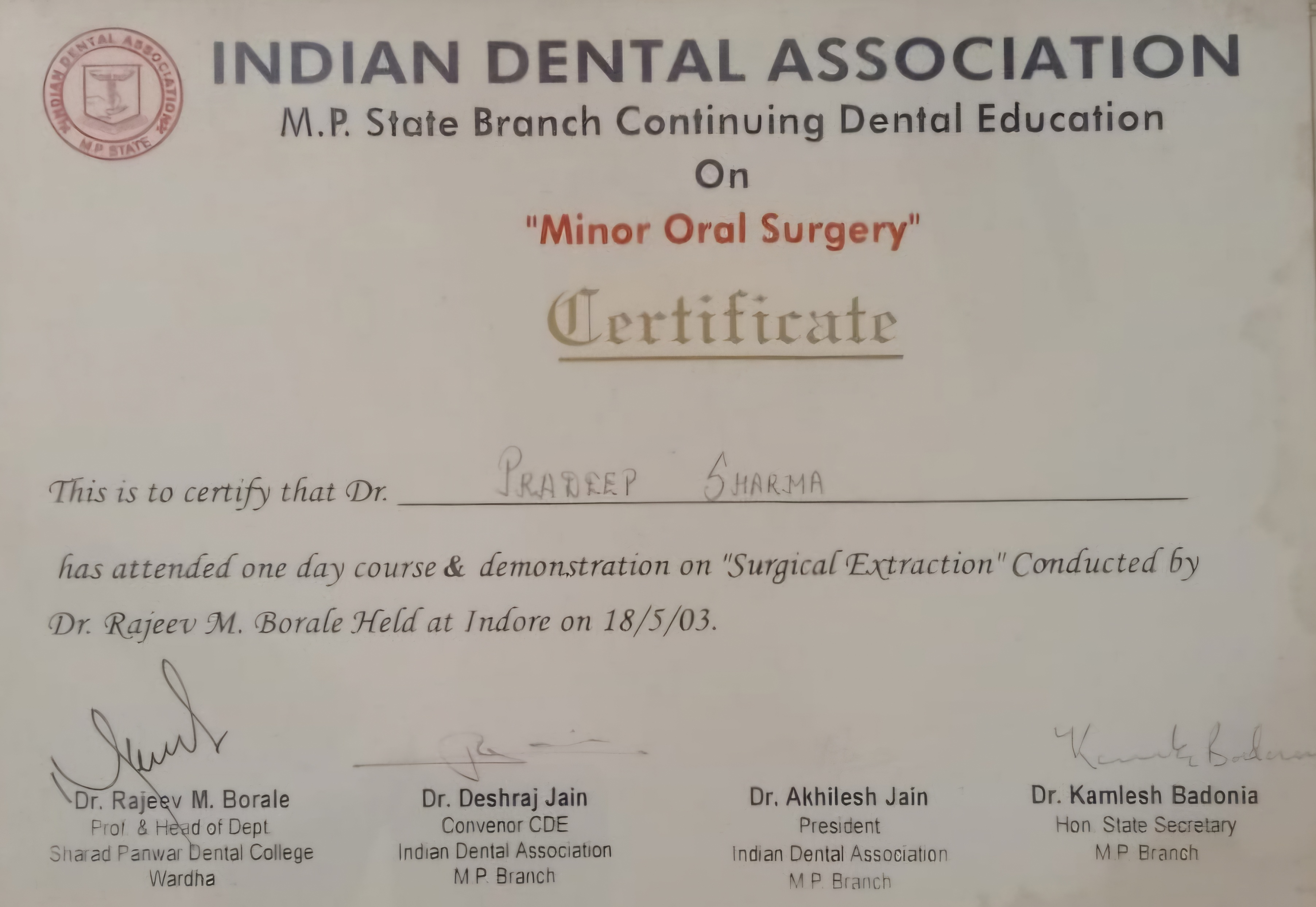 Minor Oral Surgery Certificate